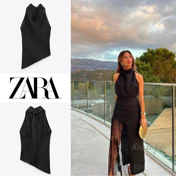 Zara Black Linen Asymmetric Halter Top - Picture 1 of 5